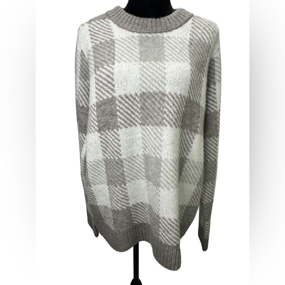 Market & Spruce Cream and Gray Plaid Crewneck Sweater size XL